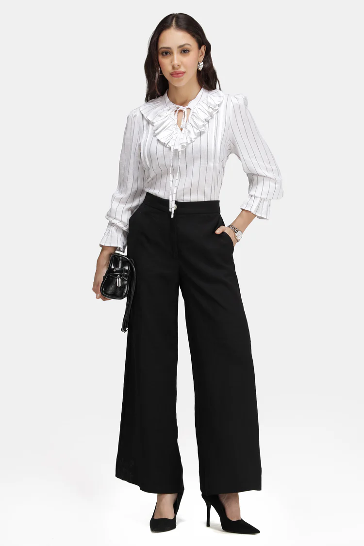 Linen Stripe Ruffle Neck Top