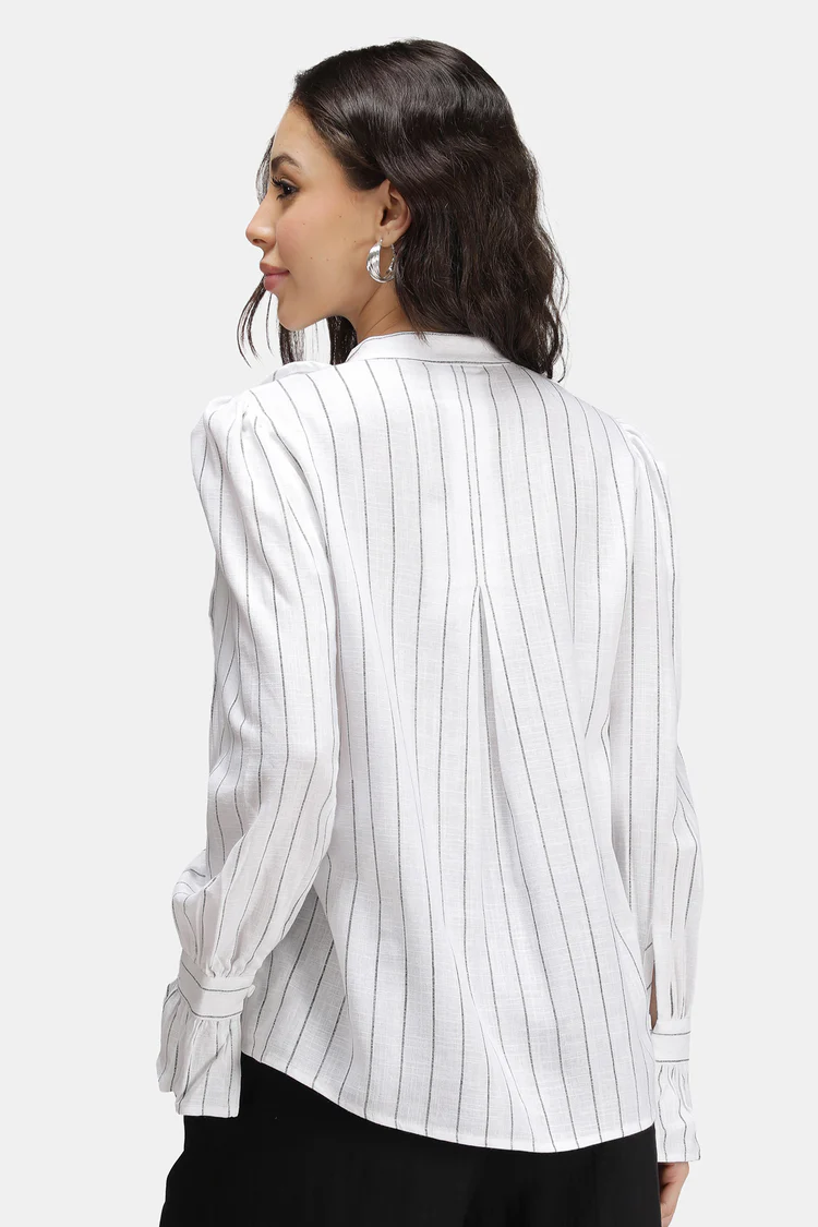 Linen Stripe Ruffle Neck Casual Top