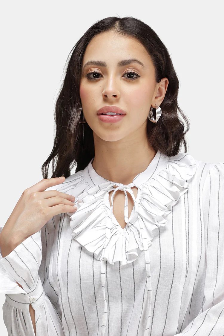 Linen Stripe Ruffle Neck Casual Top