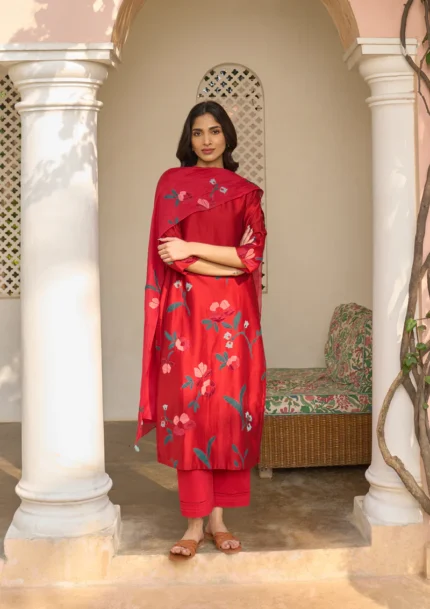 Cherry Red Applique Kurta Set for Women