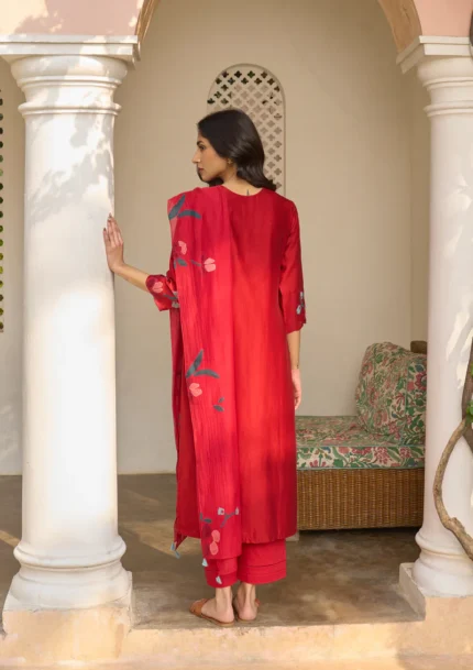Cherry Red Applique Kurta Set for Women