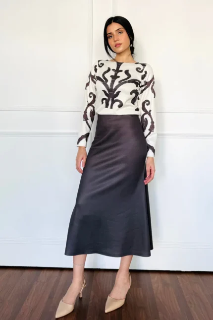 Mocha Cream Woollen Skirt Set