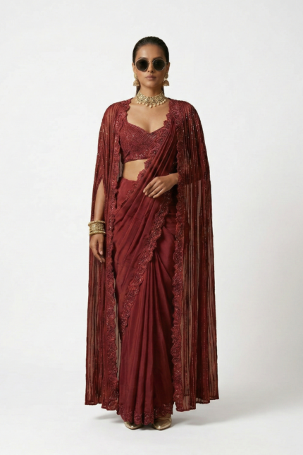 Crimson Glitz Embellished Tissue Silk Draped Saree