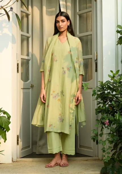 Lime Green Embroidered Kurta Set for Women