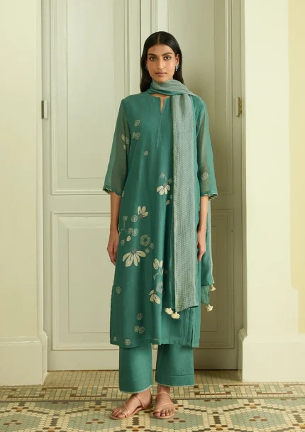 Emerald Green Appliqué Kurta Set for Women