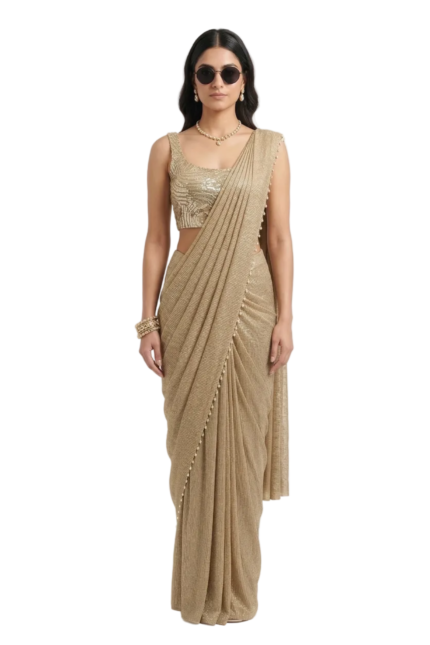 Golden Shimmer Embellished Lycra Silk Draped Saree