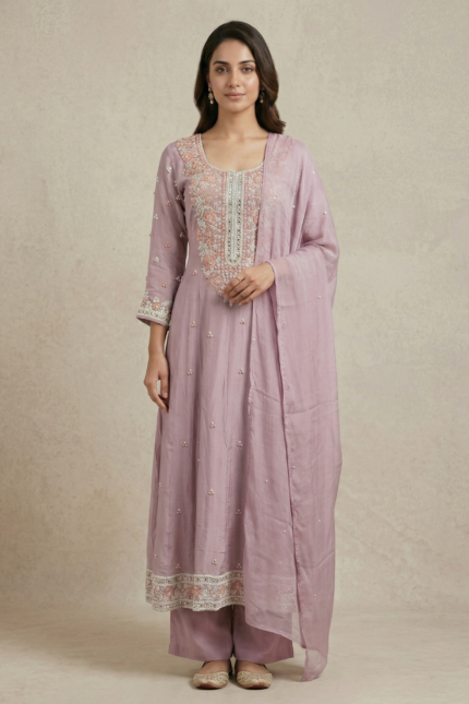 Lavender Pearl Crepe Silk Anarkali Set